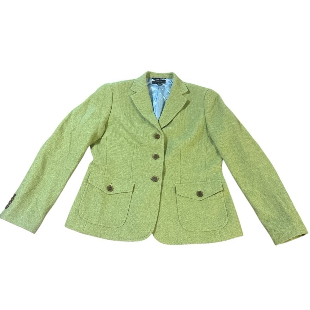 Lands End Wool Blazer Size 8P Green Button Closure Notched Lapel Collar